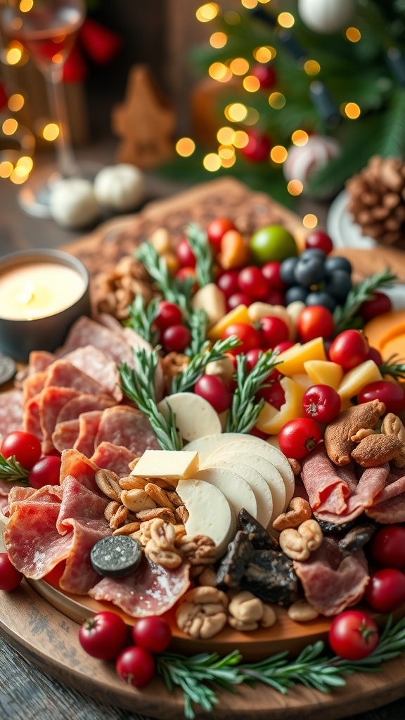 A festive Christmas charcuterie board with meats, cheeses, fruits, and herbs, set in a holiday-themed background.